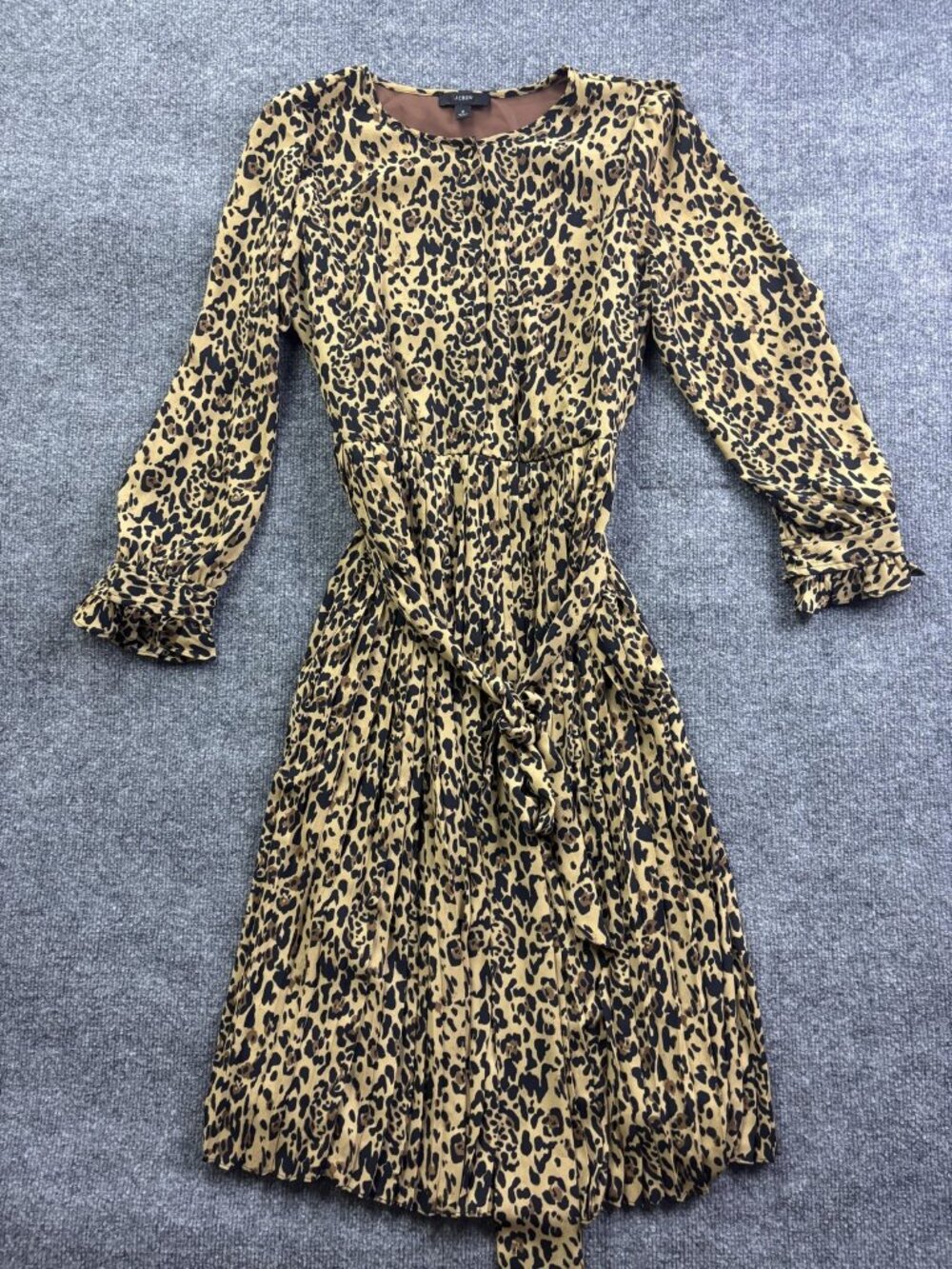 J Crew Dress Womens 2 Brown Leopard Pleated‎ Fit Flare Belted Long Puff Sleeve